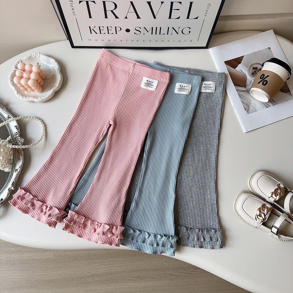 Girls' Casual Knit Flare Pants with Lace Trim