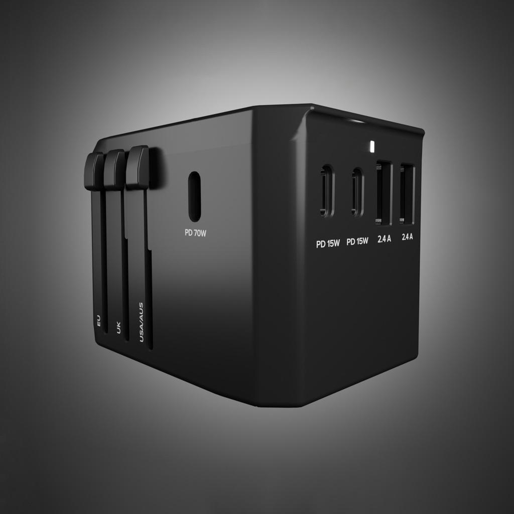 Adapter podróżny przejściówka do gniazdek EU UK US AUS USB-C USB-A GaN 70W - czarny