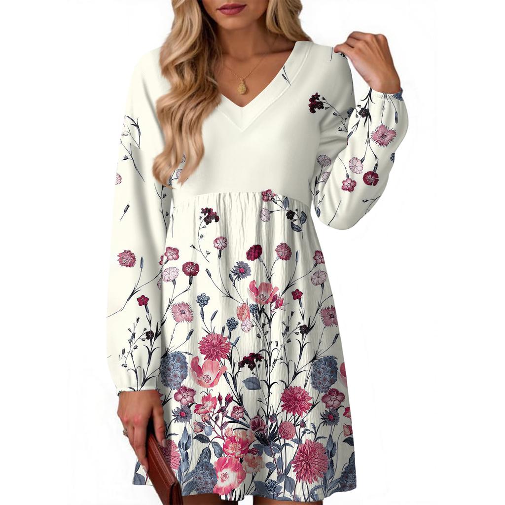 Women's Fashion Floral Print V-Neck Long Sleeve Dress