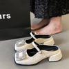 Rhinestone square buckle bag head half slippers women's summer wear 2025 new fashion thick heel silver super fire Mary Jane shoes