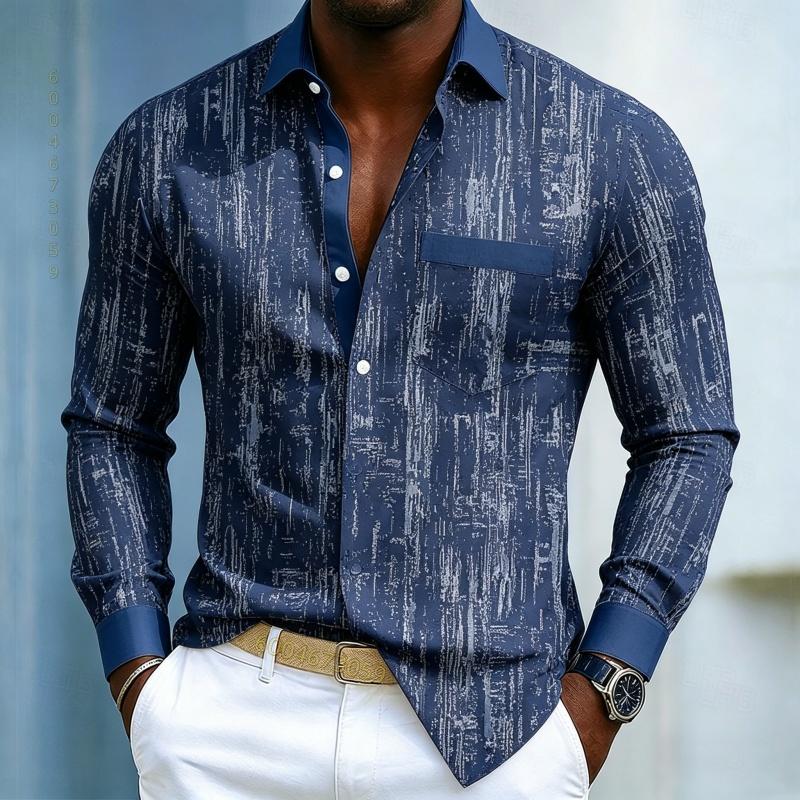Men's High-quality Long Sleeved Shirt with White and Blue Contrasting Colors, Trendy Business Casual Long Sleeved Slim Fit Shirt