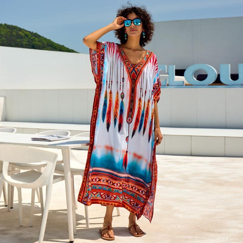 Vestidos Casuales de Moda para Mujer Verano Primavera Estampado Color Block Mangas 1/2 Cuello en V Cintura Holgada