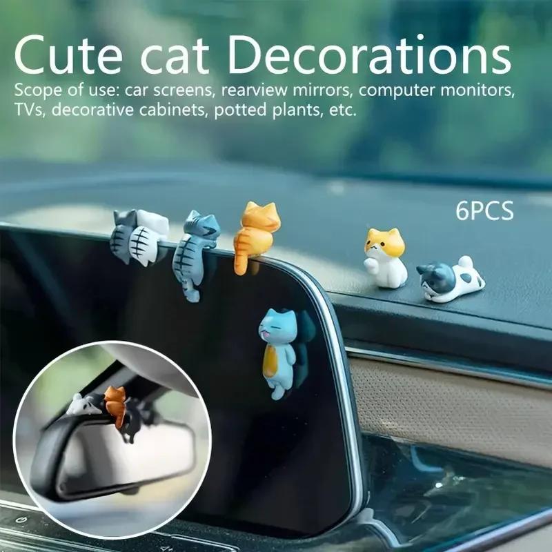 6Pcs Cute Cartoon Cat Ornaments Car Display Screen Dashboard Decorations Back Mini Micro Landscape Model Auto Accessories Gifts