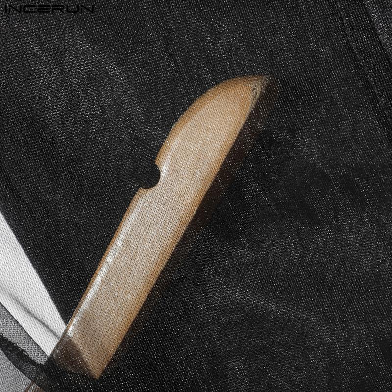 INCERUN Men Short Sleeve Mesh Sheer Patchwork Fitted Jumpsuits Pajamas Underwear