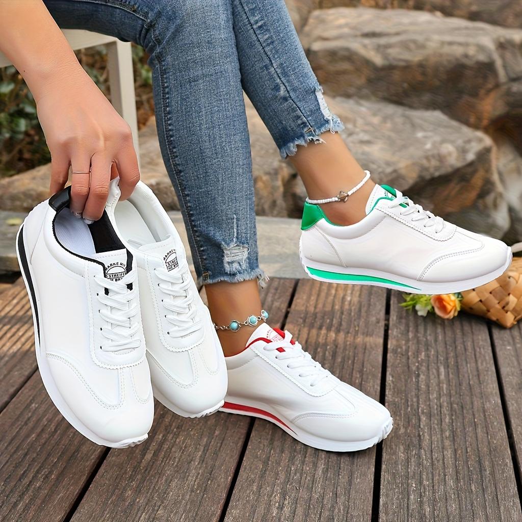 Women's Low-Top Sneakers Striped Sole White Sneakers Casual Outfits - Sporty Lace-Up Shoes with Fabric Upper Women Shoes