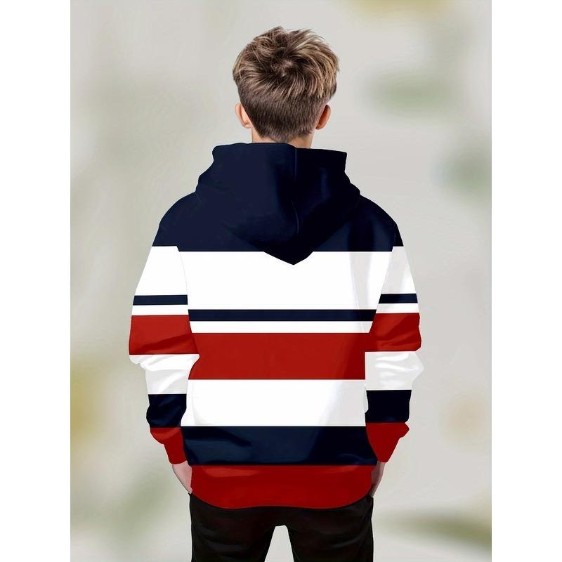 Latest Striped Design 3D Printed Boys' Hoodie, Comfortable Sportswear Outdoor Children's Hoodie Top