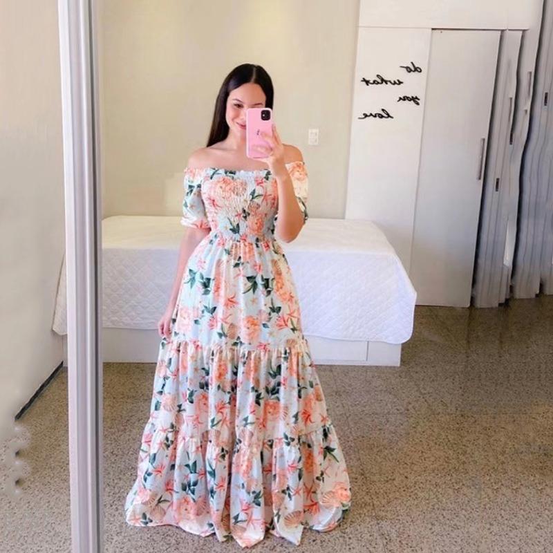 New spring and summer women's dress one-word shoulder floral fashion off-the-shoulder long printed dress