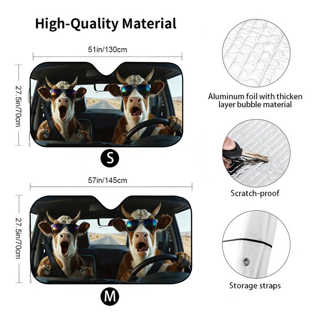 1Pcs Funny Cow Glasses Car Windshield Sunshade UV Rays Heat Blocker Keeps Vehicle Cool Unique Design Fit Sedans SUVs Trucks RVs