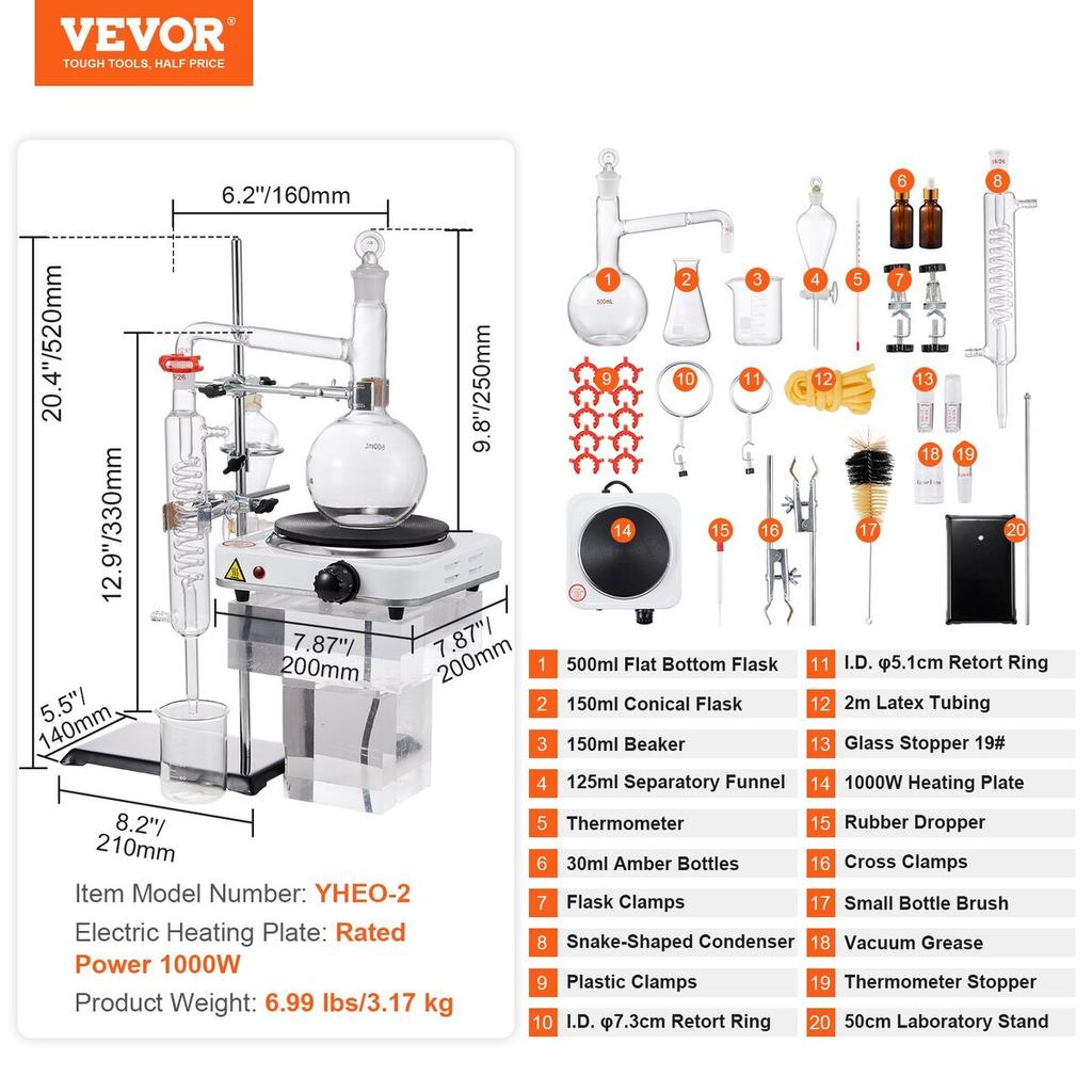 Essential Oil Distillation Kit, 500ml Distillation Apparatus, 3.3 Boro Lab Glassware Distillation Kit with 1000W Heating Plate and 24, 40 Joint, 33