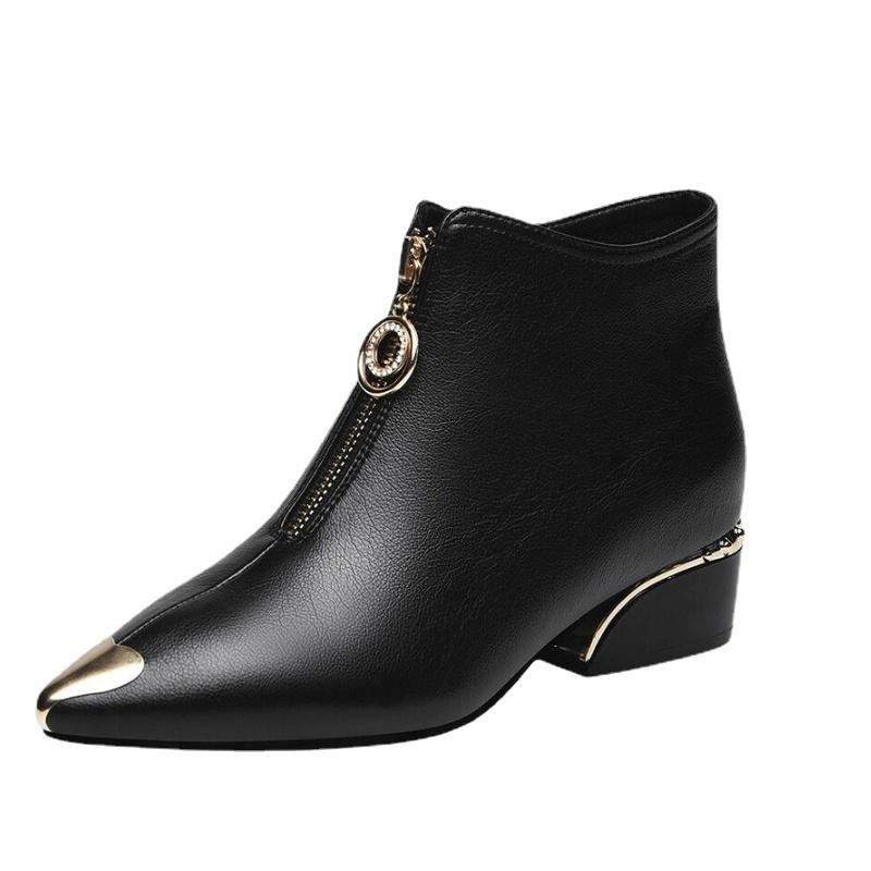 Women's Boots Fashion Metal Pointed Short Boots Autumn and Winter Women Leather Boots Elegant Thick Heel Women Ankle Boots