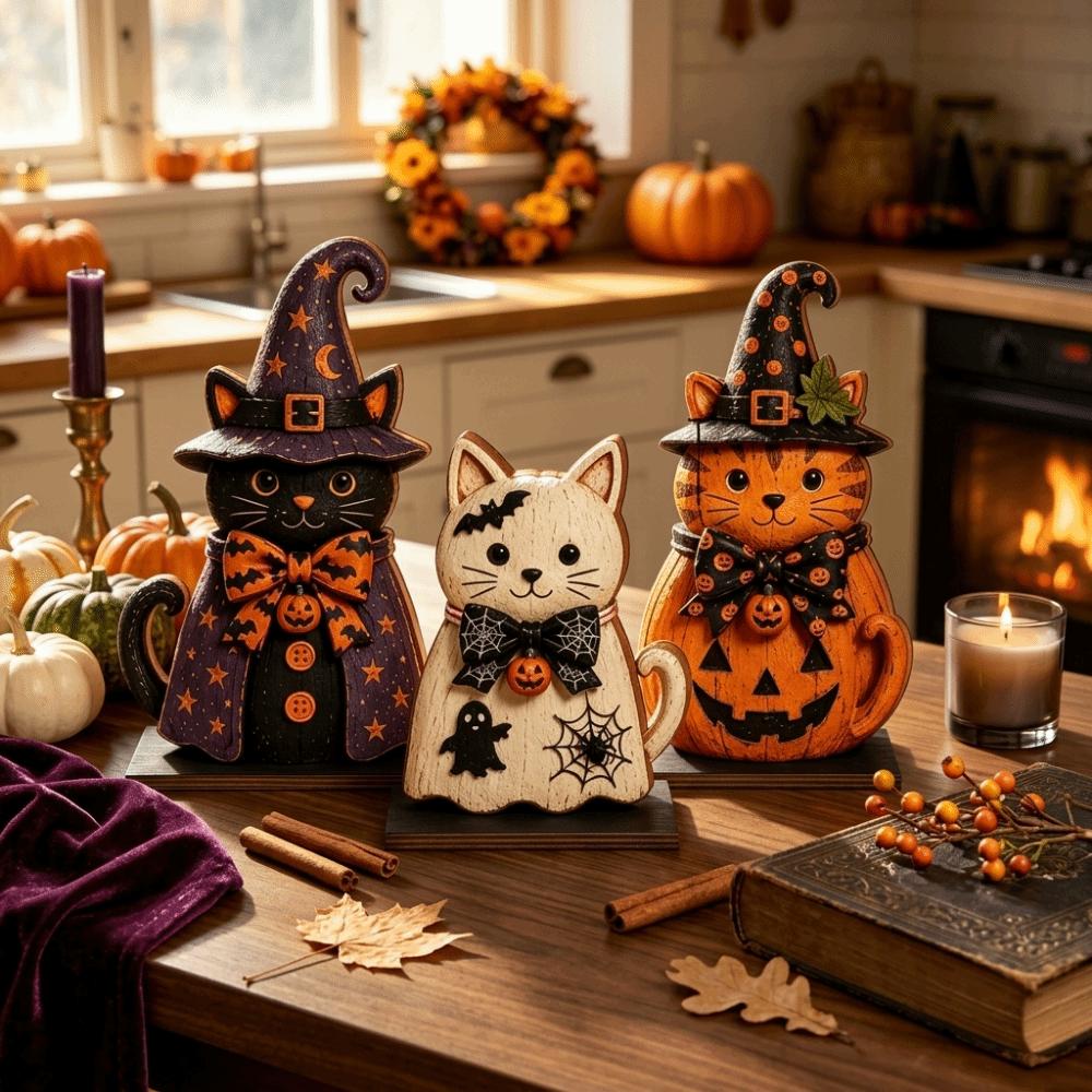 3pcs Rustic-style Halloween Figurine Pumpkin Tabletop Decoration Vintage Witch Cat Ornament Bedroom