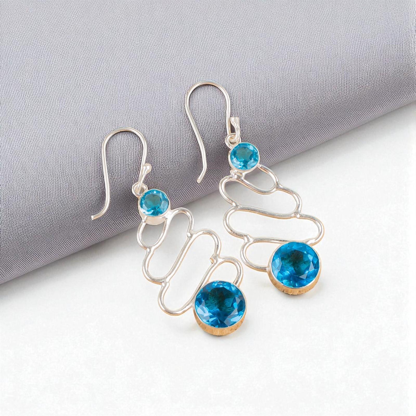 

Swiss Blue Topaz Gemstone 925 Sterling Silver Jewelry Handcrafted Earrings 2.13 EE-84-8