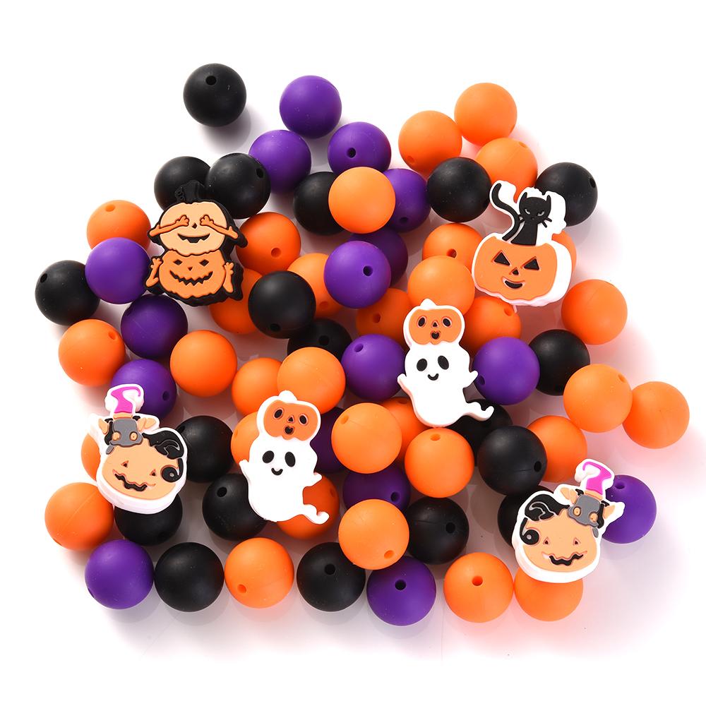 40Pcs Halloween Baby Silicone Beads Round Teether Teething Ball Beads Set Food Grade for Necklace Pacifier Chain Toys Material