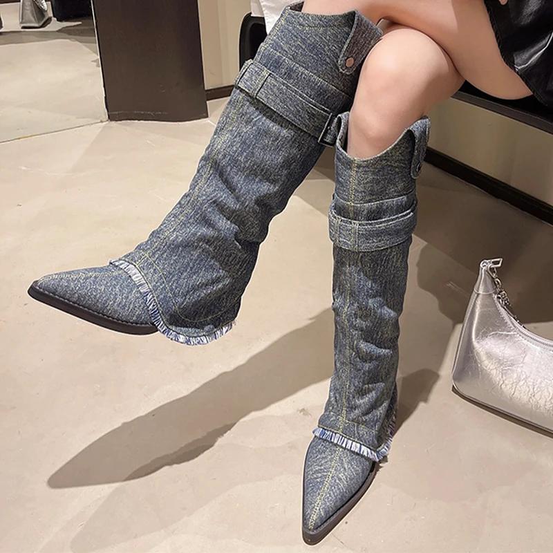 High Heels Women Cowboy Boots Pointed Toe Designer Shoes Luxury High Boots 2025 Winter Goth Pumps Chelsea Botas Mujer