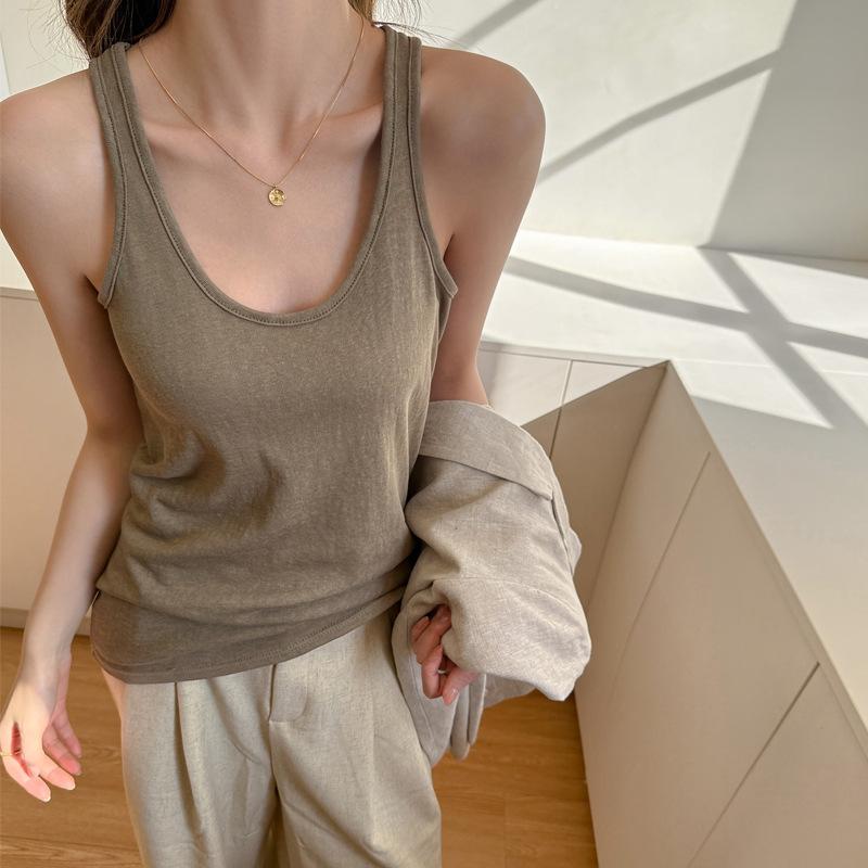 U-neck loose and loose design, bottom vest, women's inner sling, outer wear, lazy cotton sleeveless solid color top