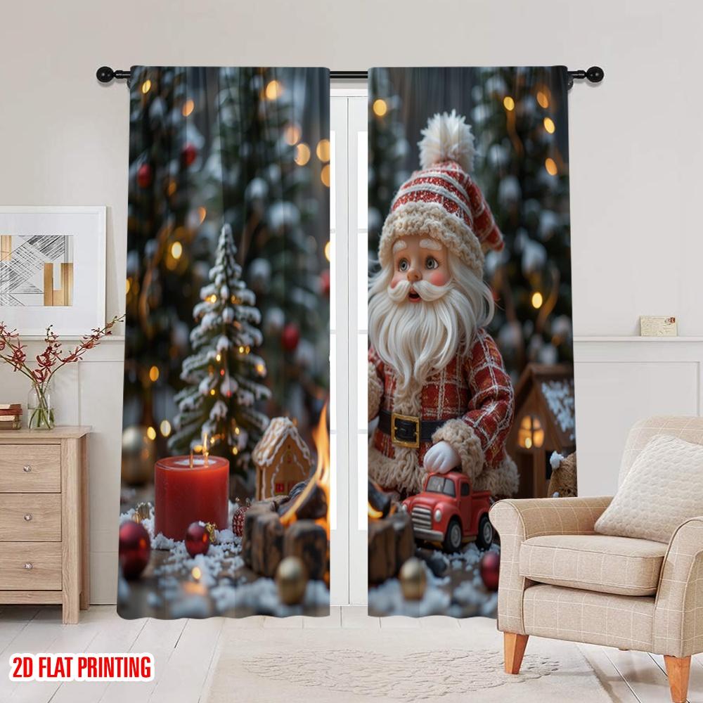 2pcs 2D flat printing Christmas Scene Curtain Warm winter scene Polyester Without Electricity Birthday Party Perfect for Holiday