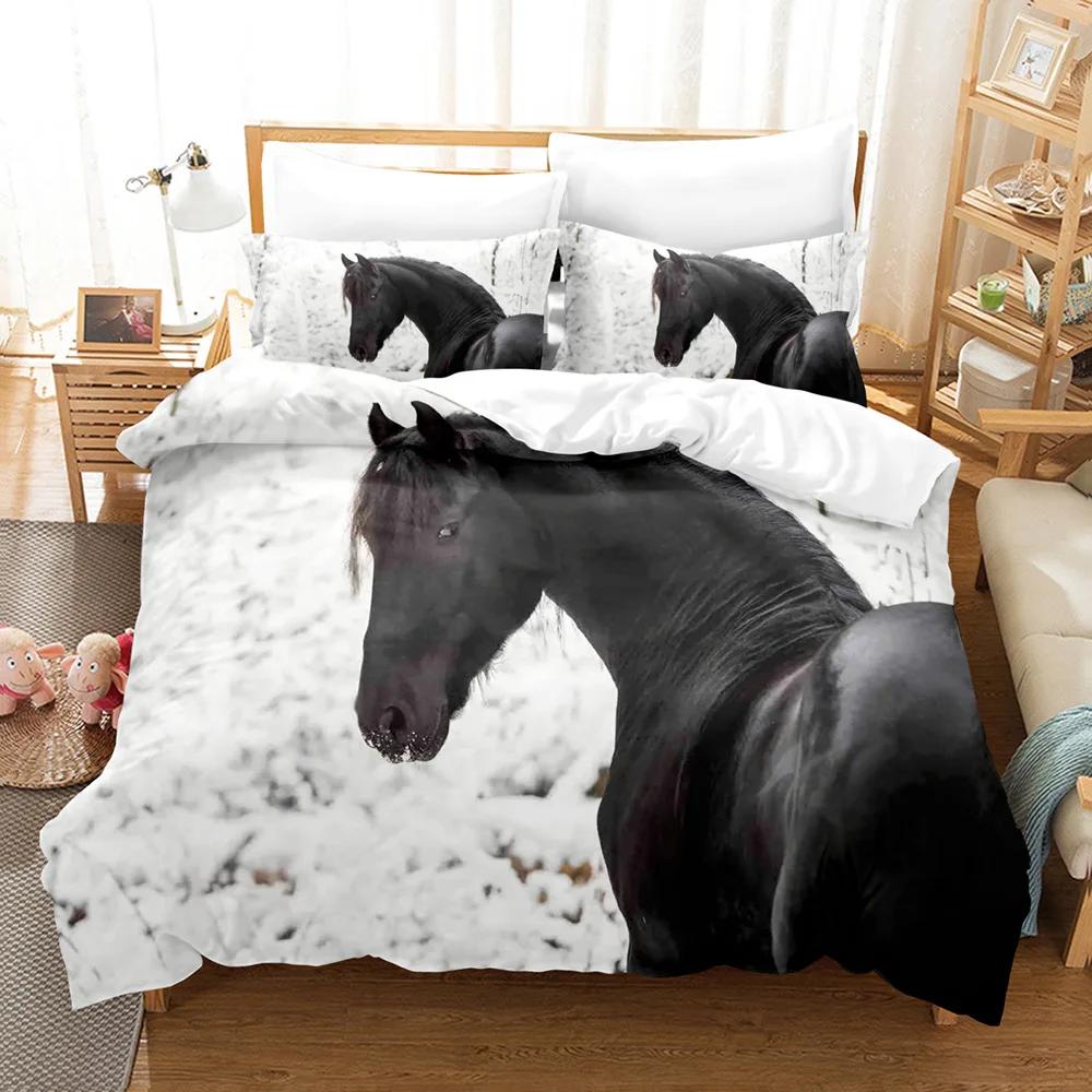Horse Duvet Cover Set White and Brown Horse Print Bedding Set Wild Animal Pattern Farmhouse Cowboys Queen Polyester Quilt Cover