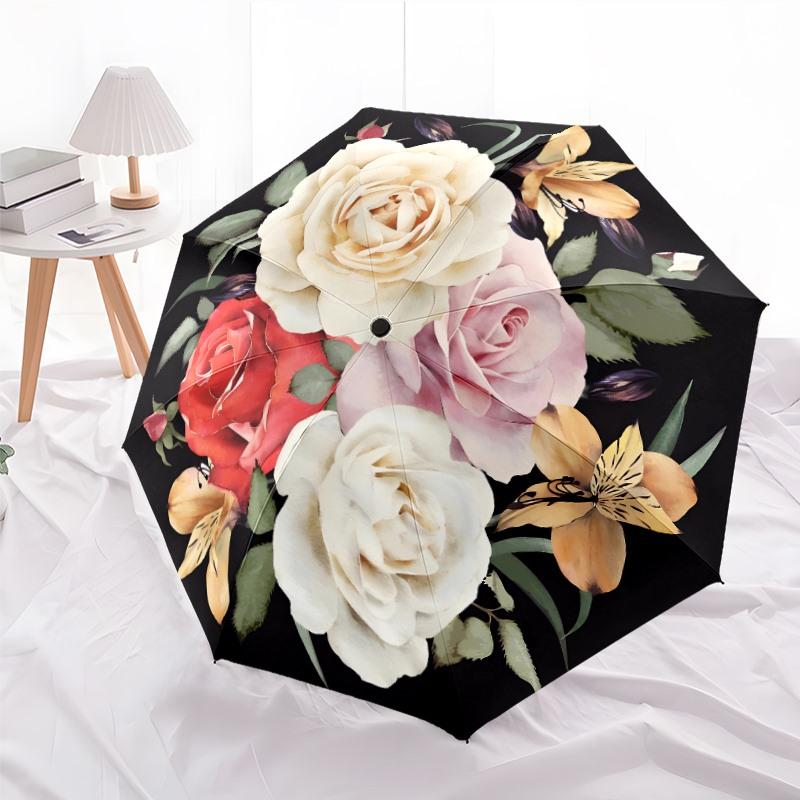 

Elegant Floral Bouquet Folding Umbrella with 8 Iron Ribs & Automatic Open/Close - Windproof Portable Design, & Golden Floral P Iron&8K