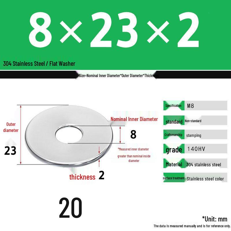 304 Stainless Steel Thickened Flat Washer Set, Sizes 2-36