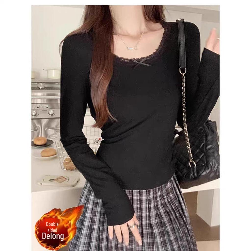 Petite Slim-Fit Women's Long-Sleeve White Lace T-shirt, Korean Style, Autumn/Winter, Gentle Inner Layer, Highlights Collarbone