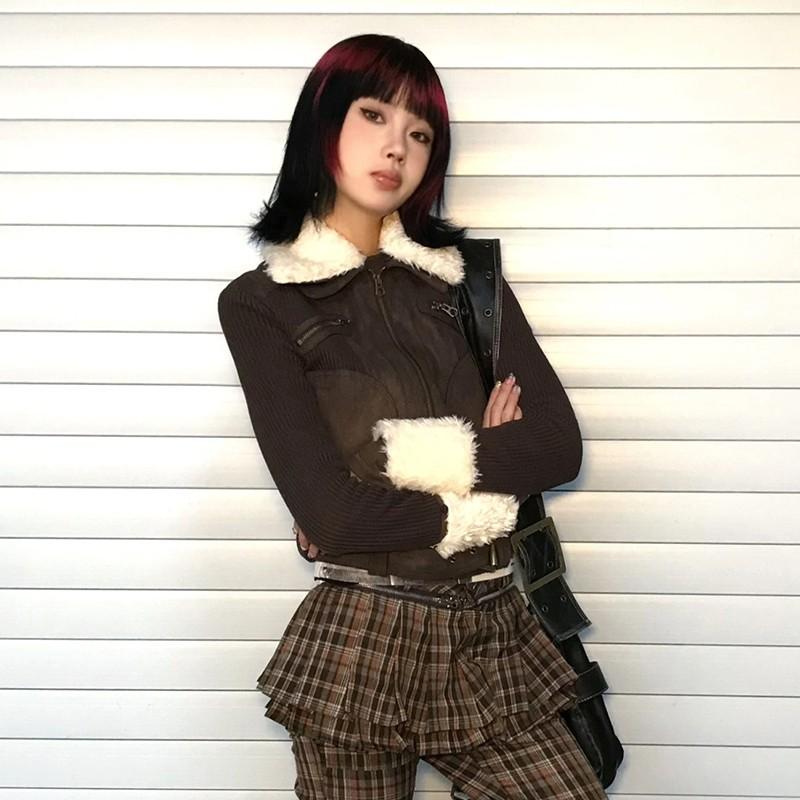 Y2k Fur Coat Women Vintage Harajuku Knitted Jacket Grunge Aesthetics Fur Collar Zipper Coat