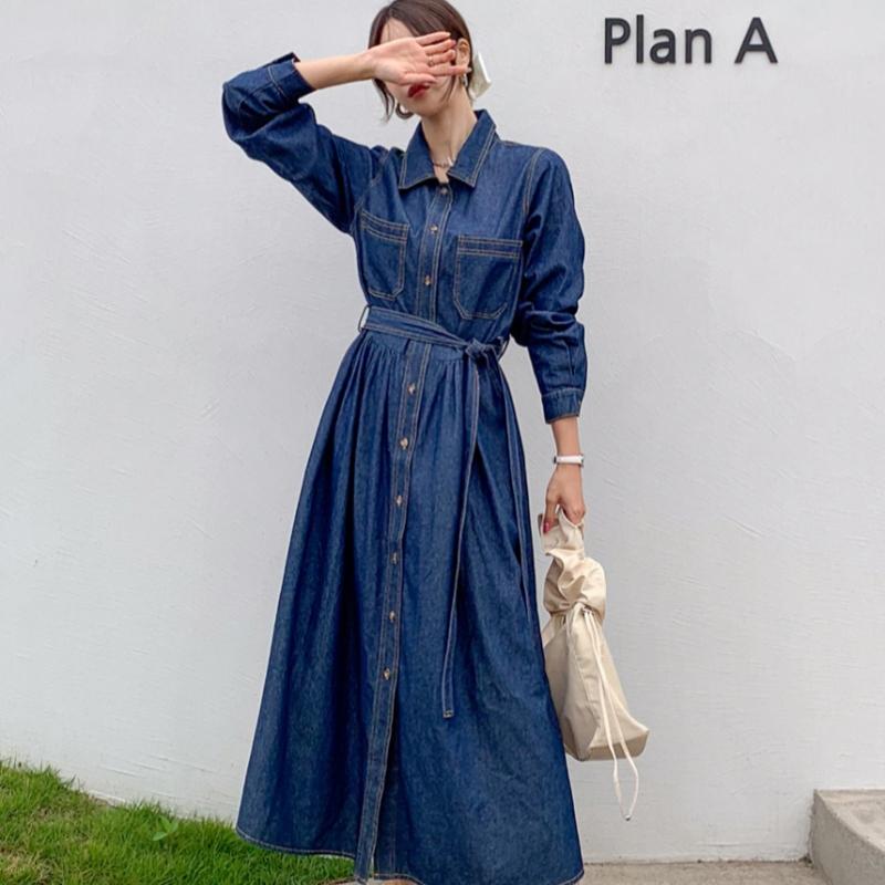 Shop Ripple Women Collar Neck Button Open Belted Denim Long Dress Jl Wdr 1584