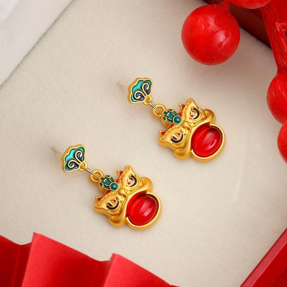 Good Luck Lion Dance Earrings Set Tassel New Year Earrings Trendy Bell Ear Studs  Ear Accessories