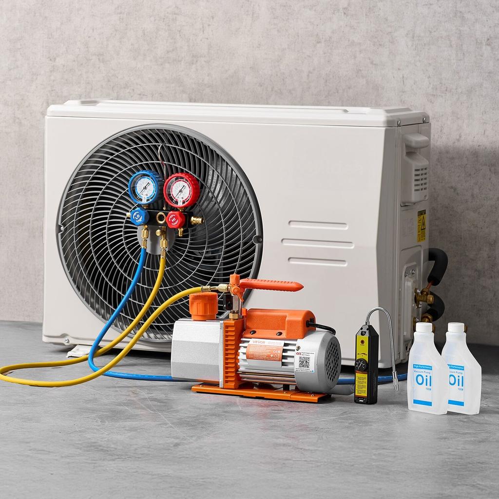 AC Vacuum Pump and Gauge Set, 7 CFM 198 L/min, Two Stage Rotary Vane HVAC Vacuum Pump, A/C Manifold Gauge Kit, for R134a R22 R410a, with Leak Detector