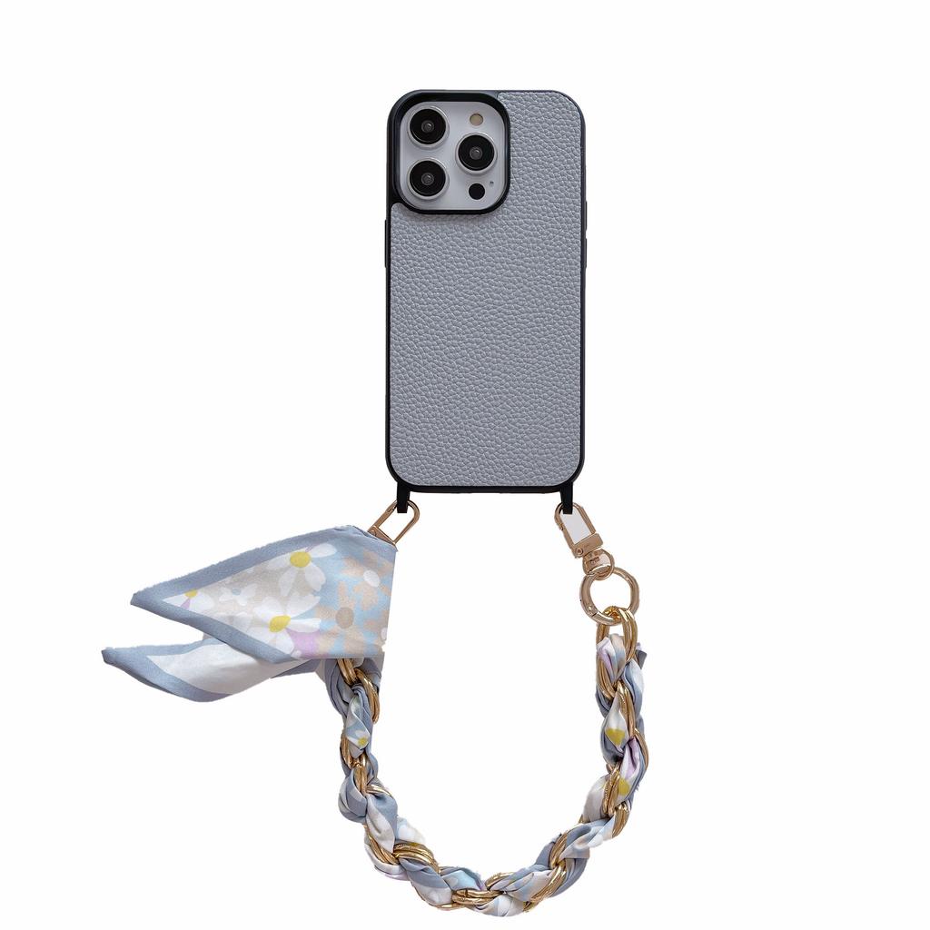 iPhone 14 mobile phone case portable ribbon is suitable for Apple 13 Pro messenger classic leather 11 chain double hanging hole.