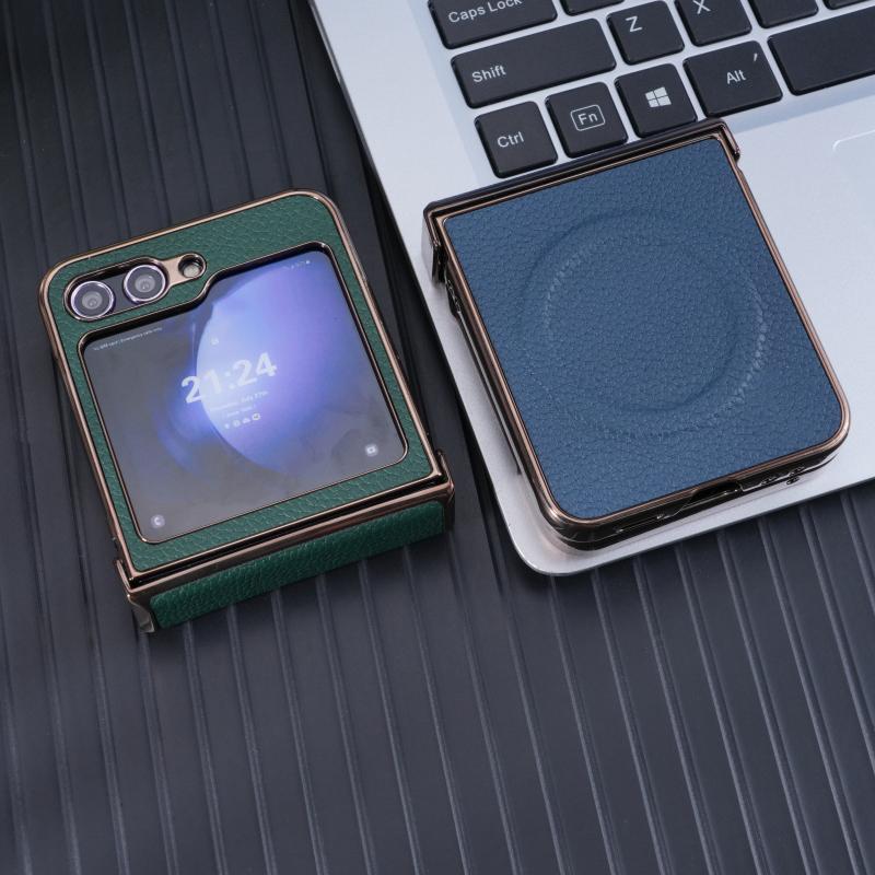For Samsung Galaxy Z Flip 7 6 5 4 3 Lychee Texture Leather Magnetic Anti-Fingerprint Drop-Proof Folding Phone Case