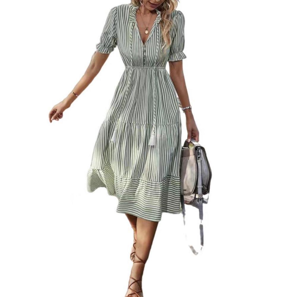 Women's striped dress, V-neck elastic waist, short-sleeved, wide-swing dress