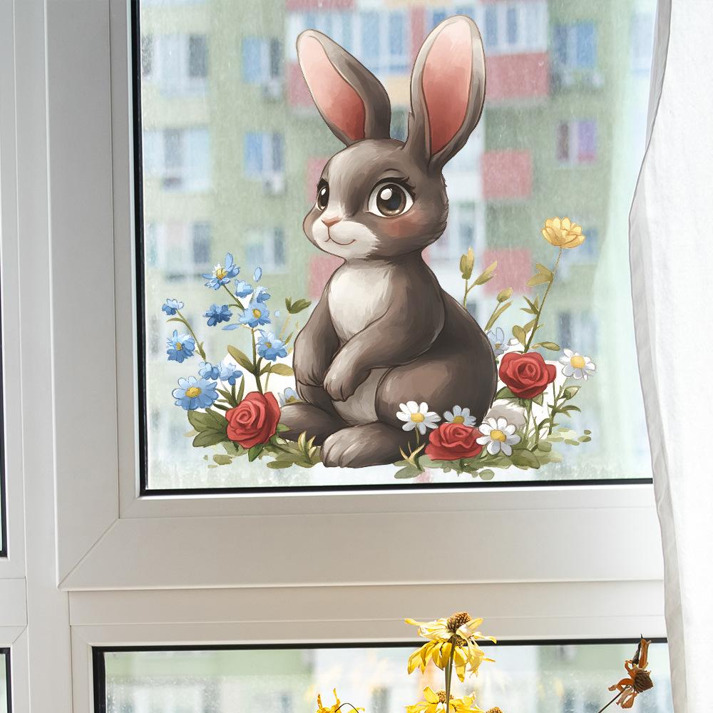Adesivo de Parede Coelho Fofo Campo de Flores Autoadesivo Removível Quarto Sala de Estar Corredor Dormitório Decoração de Casa Arte