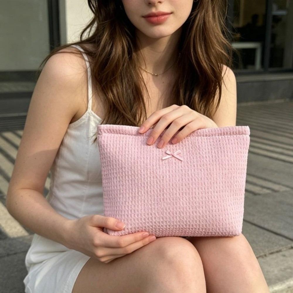 Bow Decor Cosmetic Bag Zipper Toiletry Organizer Sweet Waffle Knit Makeup Bag  Travel