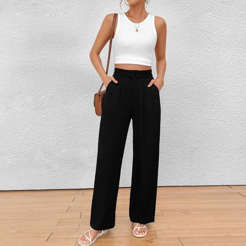 Womens Straight Leg Trousers Solid Color Commute Casual Pants Mid Waist Full Length Work