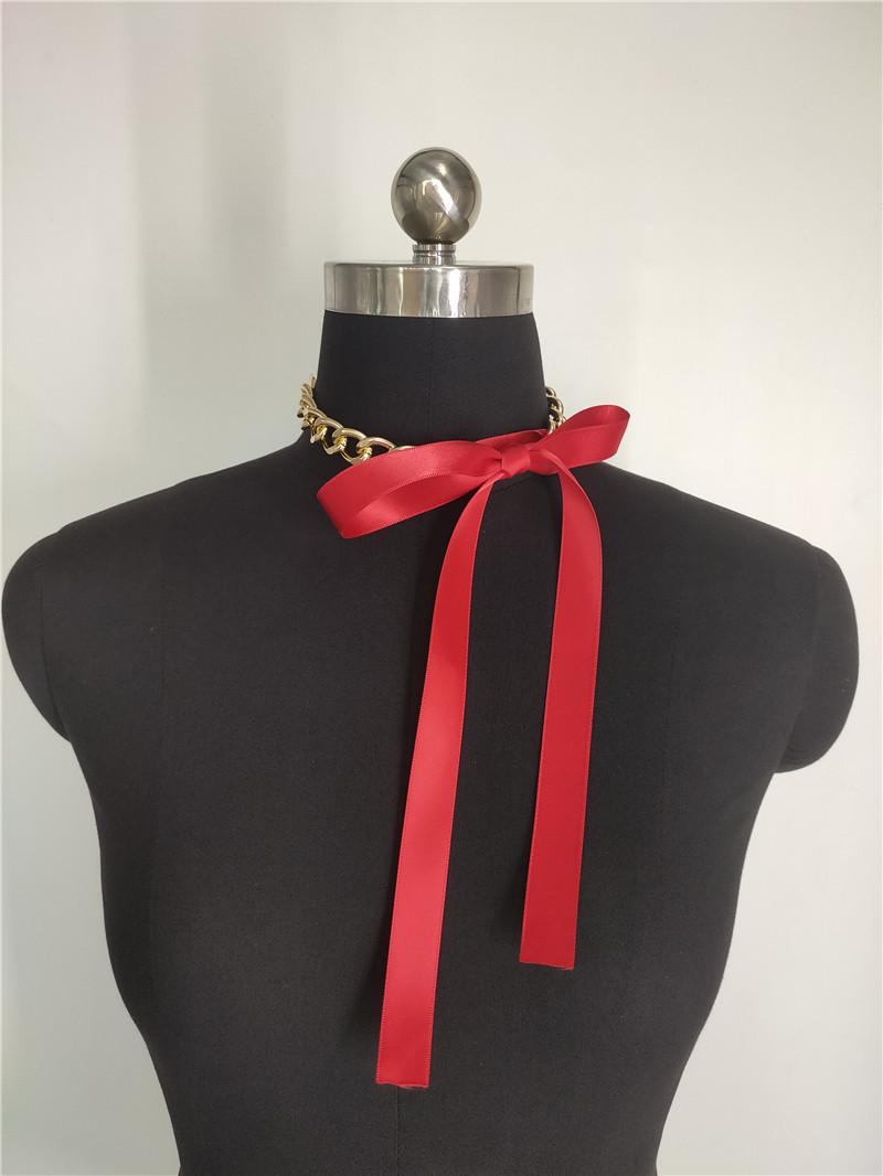 Ожерелье Элегантное Достойное Бант Лента Лента Кружево Металлическая Цепь Ожерелье Ожерелье красный
