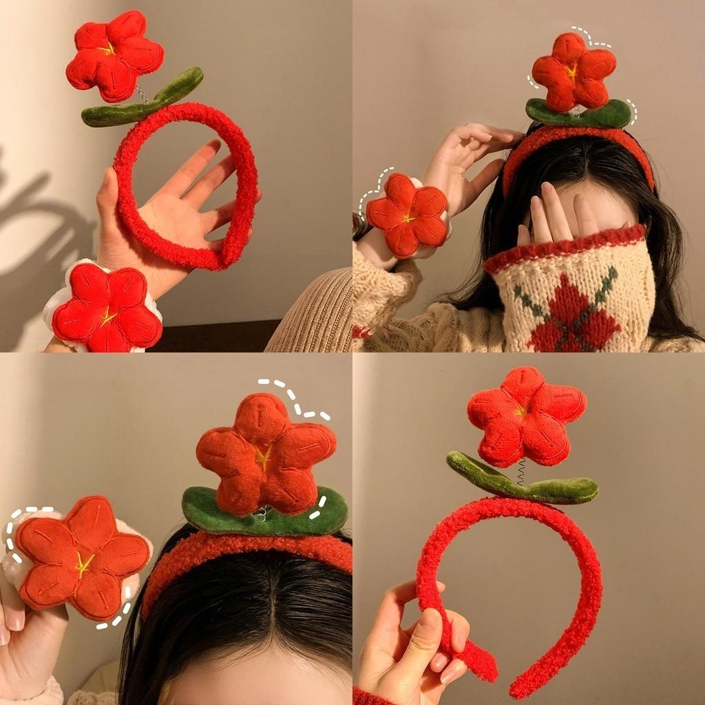 Cute Plush Flower Headband For Women Handmade Winter Wristband Set New Year Red Flower Hairband