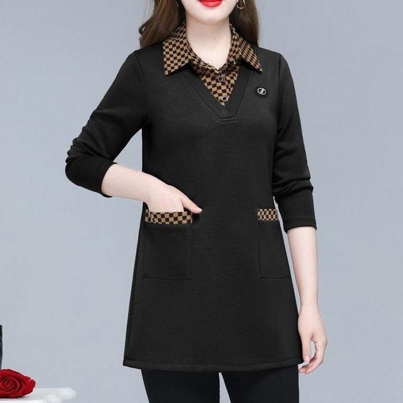 

Повседневная однотонная клетчатая блузка с вставками, женская одежда, отложной воротник, весна-осень, длинный рукав, модные карманы, миди-рубашка S чёрный