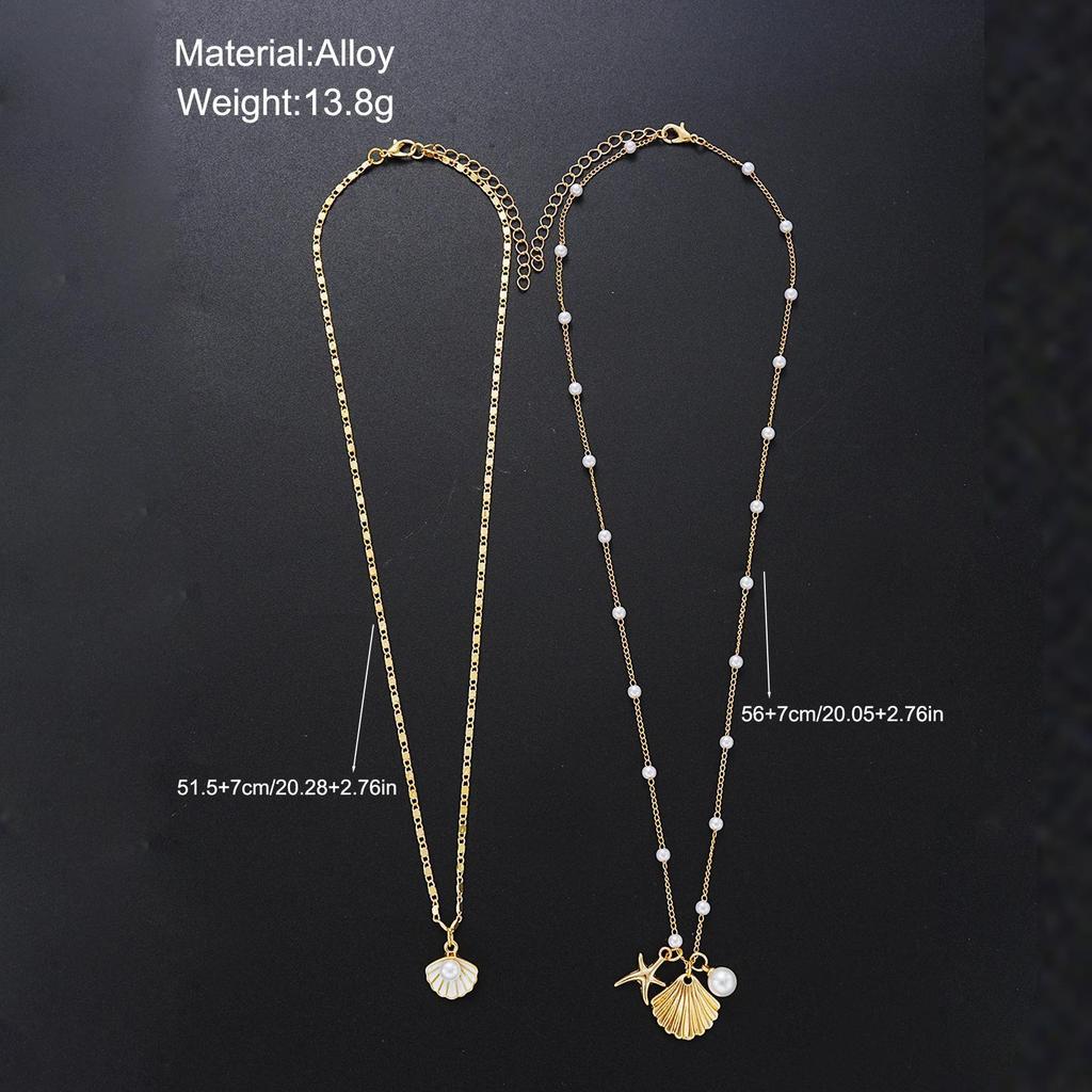European Ocean Style Faux Pearl Clavicle Chain, Multi-layer Stackable Necklace with Starfish & Shell Pendants