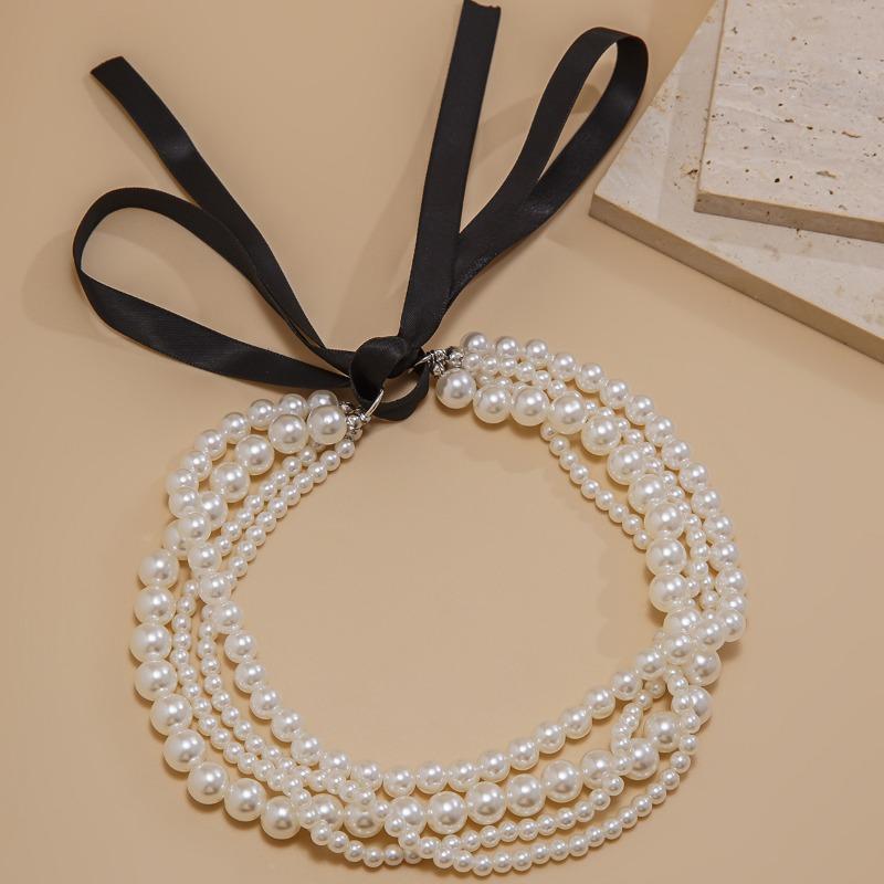 Módní dámský perlový náhrdelník Vintage vícevrstvý náhrdelník z imitace perel Korálkový šněrovací dlouhý stuhový mašličkový choker Náhrdelníky Šperky na klíční kost