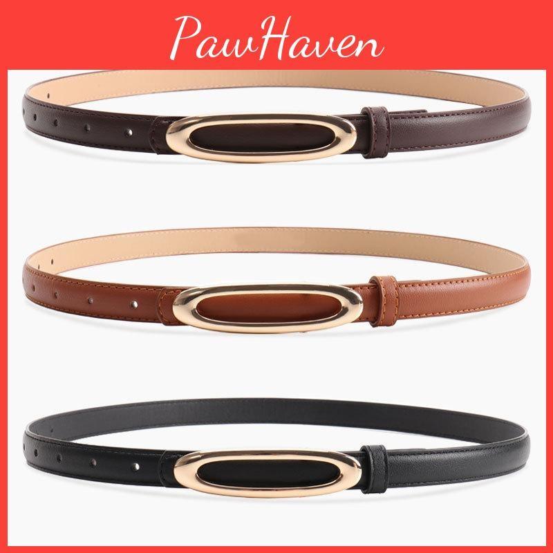 Women Leather Minimalist Belt With Elliptical Flat Buckle For Dress Jeans And
