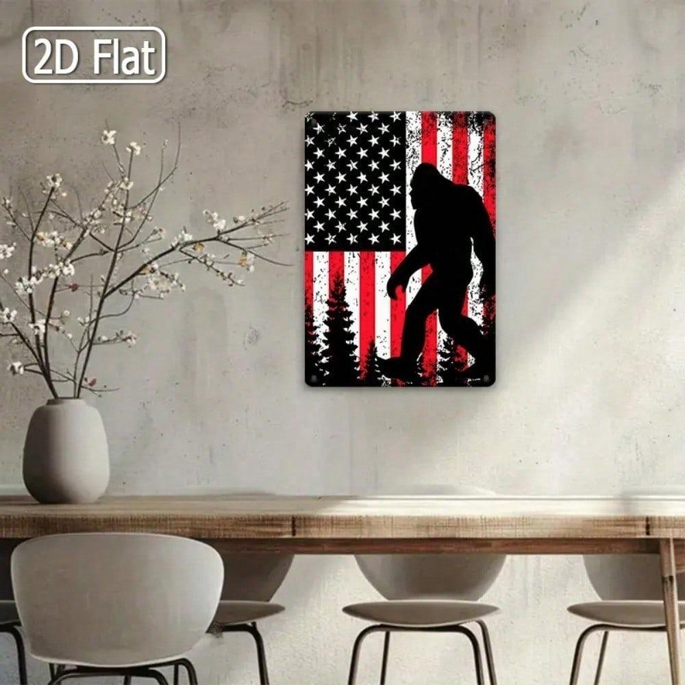 Bigfoot Metal Tin Sign American Flag Rustic Wall Decor Man Cave Gift
