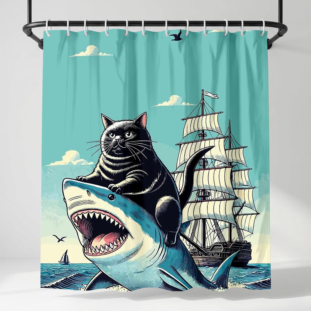 

Funny Black Cat Riding Shark Shower Curtain, Vintage Nautical Ocean Sailing Ship Decor, Retro Art Fabric Bathroom Curtain W60H190(CM)-1 Pcs