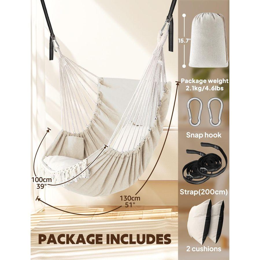 Hammock Chair Hanging Swing 2 Pillows Included,Strong Webbing Straps and Hooks for Easy Hanging Soft Cotton Hanging Chair Side P