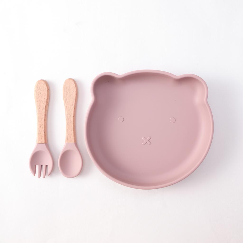 Color Kids 3PCS Cartoon Bear Silicone Feeding Set Sucker Bowl Wooden Handle Spoon Fork BPA Free Infant Self Feeding Gifts