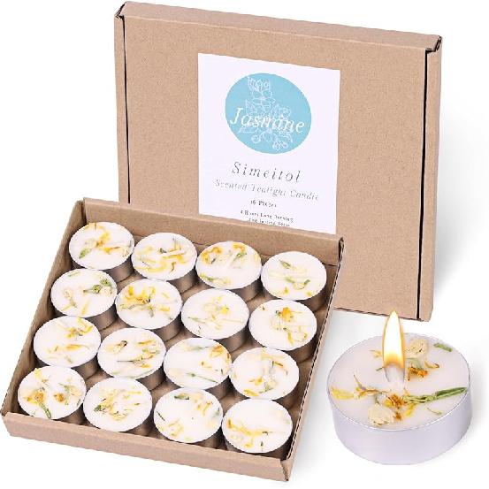 Jasmine Scented Tealight Candles 16pack - Palm Wax White Tea Lights, Plant Dried Flower Scented Tea Lights Candles (Paraffin-Free), Scented Votive
