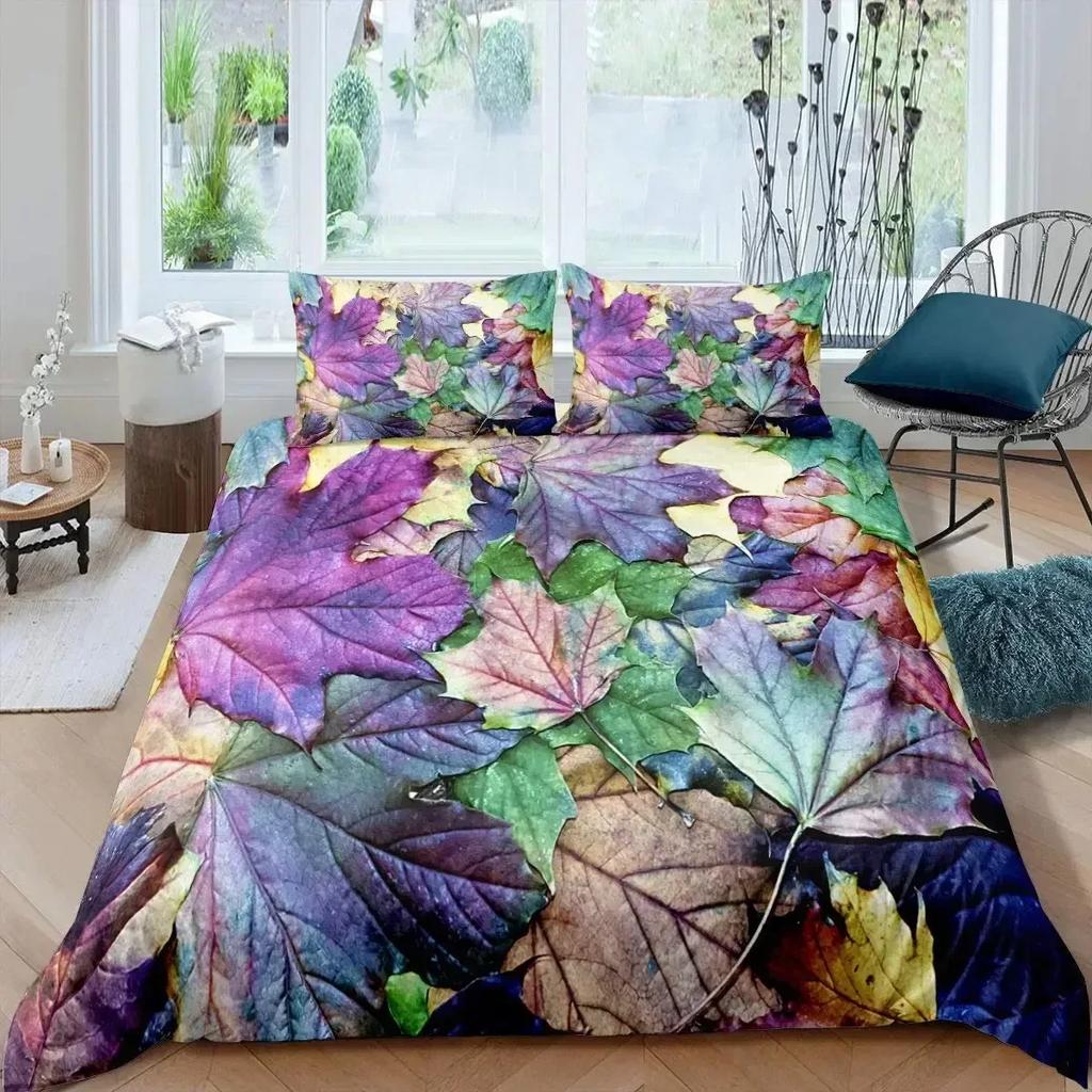 Maple Leaves Duvet Cover Set Colorful Autumn Season Maple Leaves In Unusual Designs Nature Print King Size 3D Bedding Set