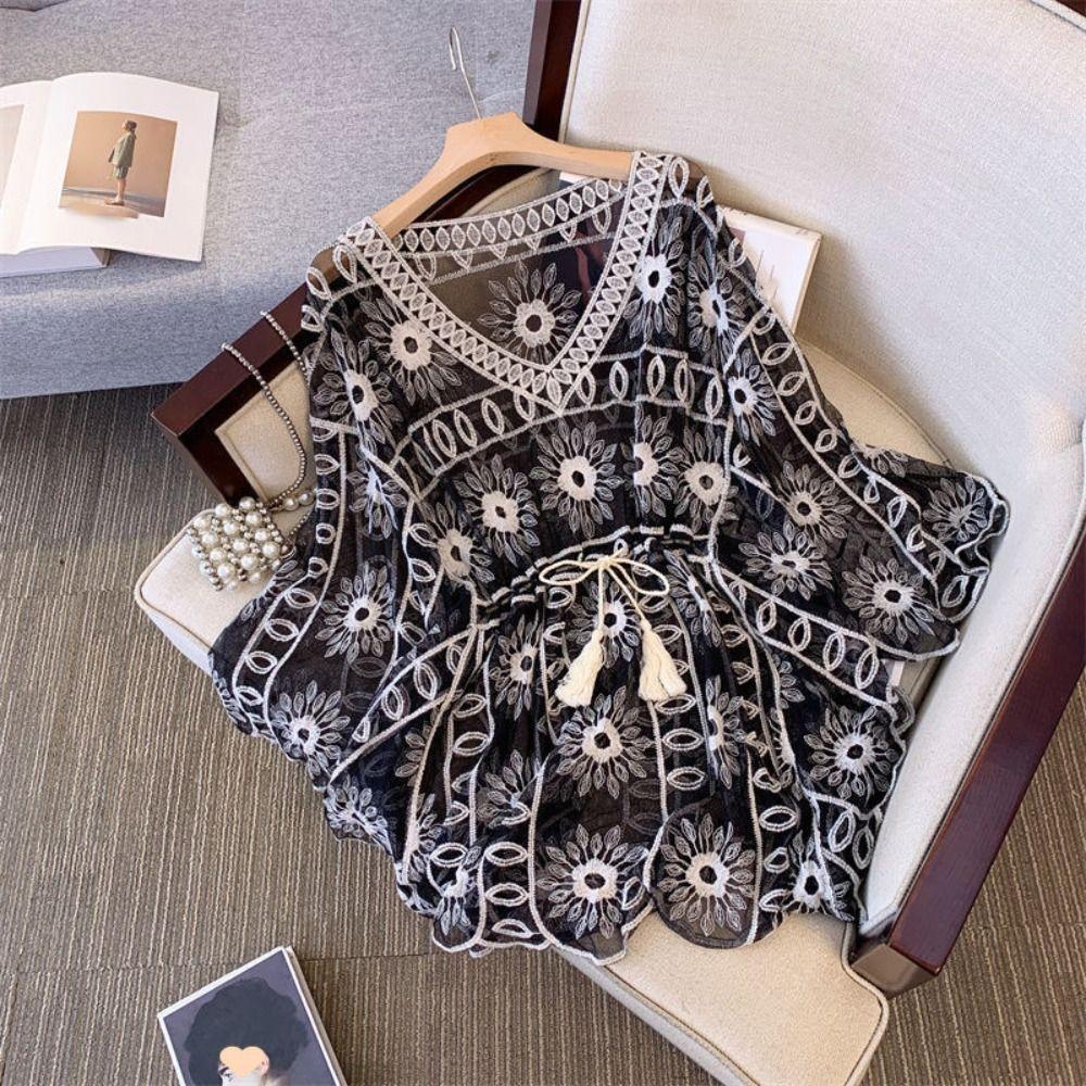Lace Up Crochet T-shirt Women Mesh Flower Cover Up Crop Top Sun Protection Clothing  Beachwear