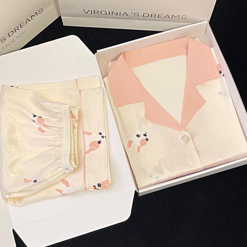 Ice Silk Pajamas Women'S Spring And Autumn Long-Sleeved Cute Little Milk Dog Cute Rabbit Loungewear Women'S Two-Piece Suit
