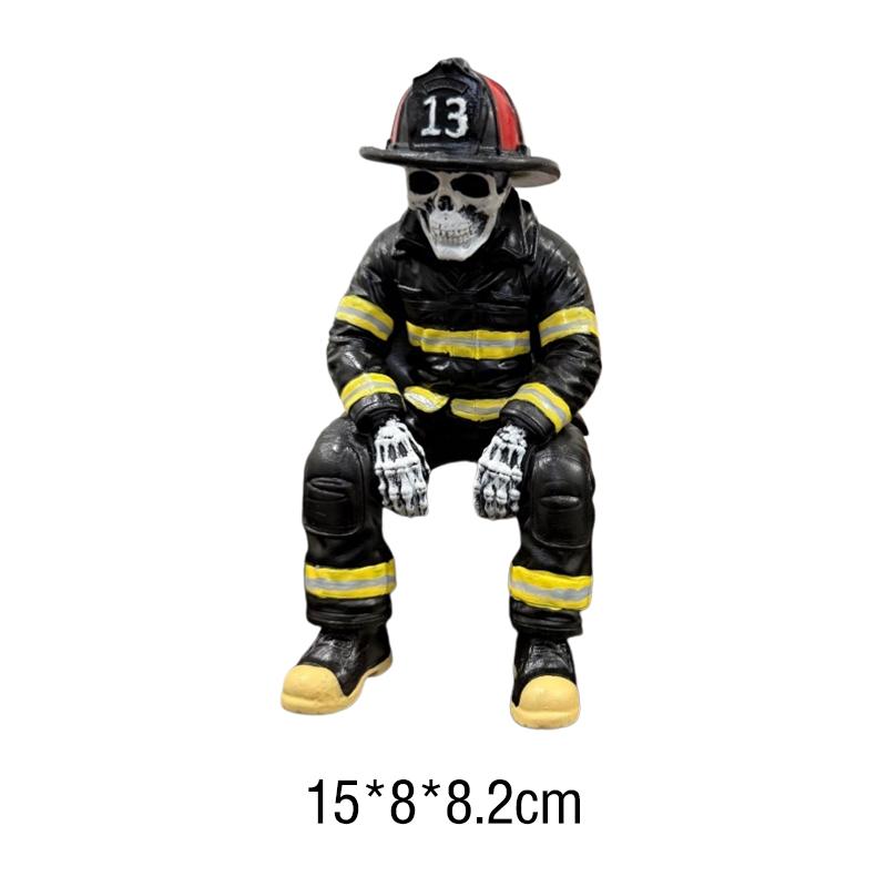 Resin Skeleton Firefighter Shelf Sitter Halloween Skull Fireman Figurine In Sitting Pose Creative Desk Bookshelf Decor Ornament