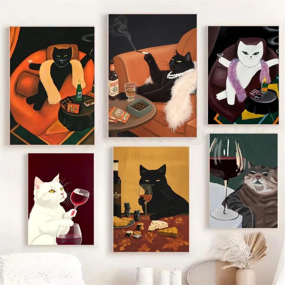 1PC Funny Black White Cats Red Wine Poster Poster Print Home Living Room Bedroom Entrance Bar Cafe Art Canvas Painting Decor